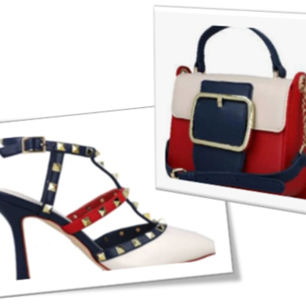MENBUR Studded T-Strap Heel & Handbag Set | Color Block Red Navy White US 10